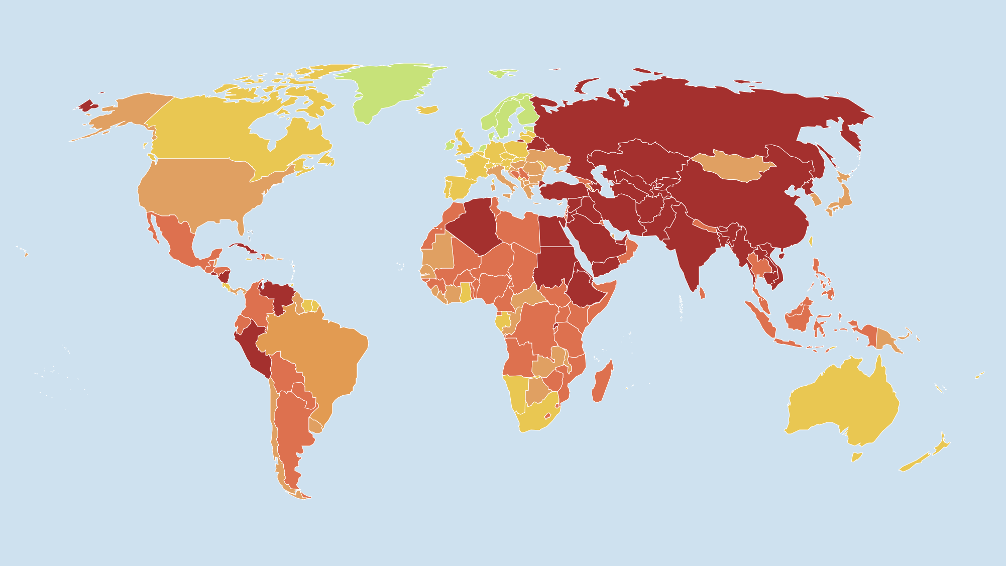 A world map shaded from green to dark red. Scandinavia stands out in green, while much of Asia, the Middle East, and parts of South America and Africa are deep red. The United States is orange, noticeably behind most of Western Europe.