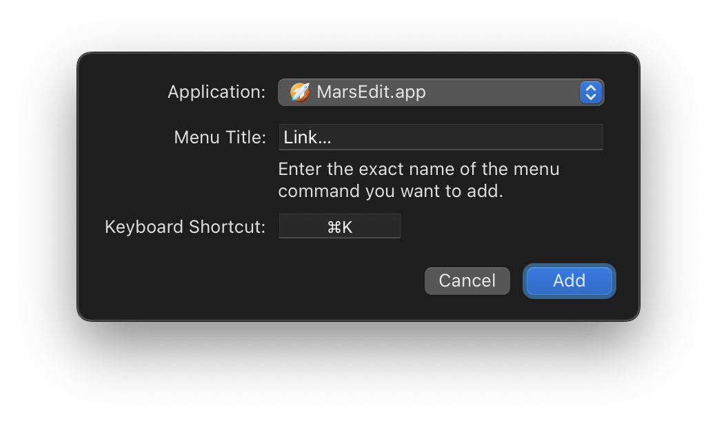 Setting up a keyboard shortcut (⌘K) for MarsEdit's Link… command.