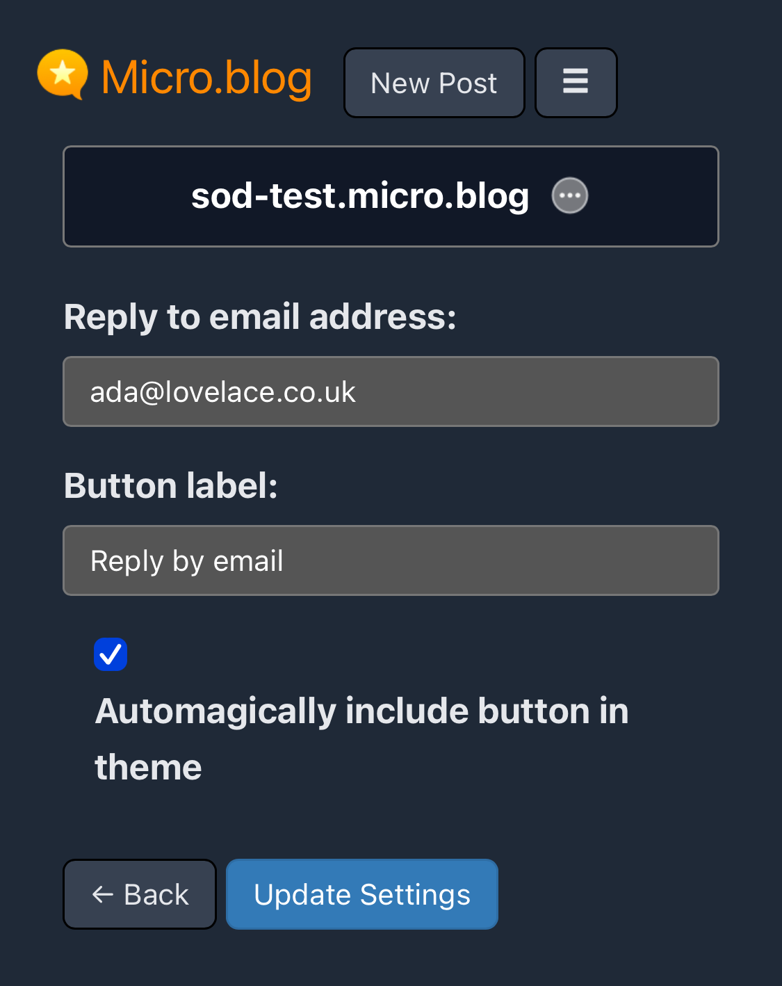 Screenshot of plugin settings with two fields for an email address and button label. There's also an option to automagically include the button in the theme.