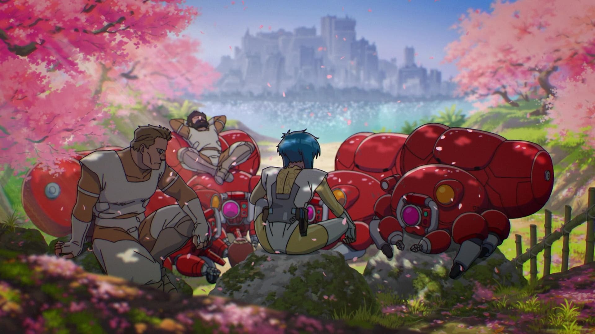 Kusanagi, Batou, and Ishikawa relax with the red spider-like Tachikoma beneath blooming cherry blossoms, overlooking a lake with the city in the distance while pink petals drift through the air.