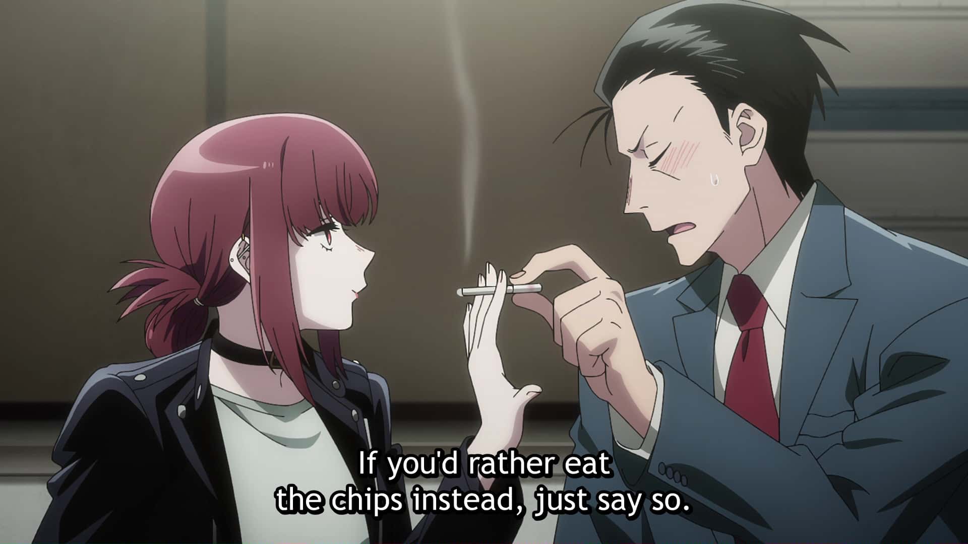 Sharing a cigarette behind the supermarket, Sasaki says to Tayama: &ldquo;If you&rsquo;d rather eat the chips instead, just say so&rdquo;.