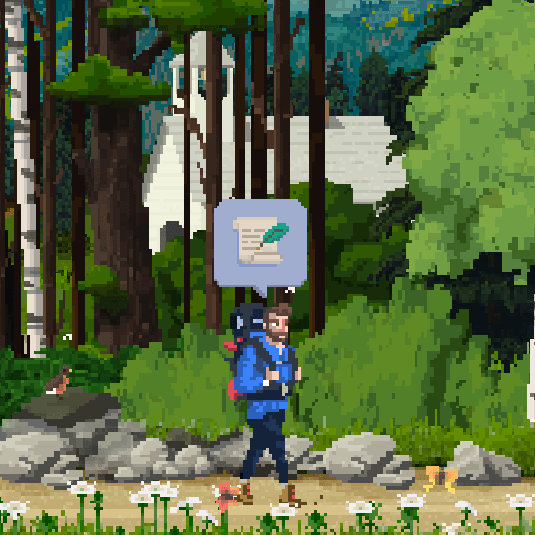 A man is hiking along a trail in a vibrant pixel art style.