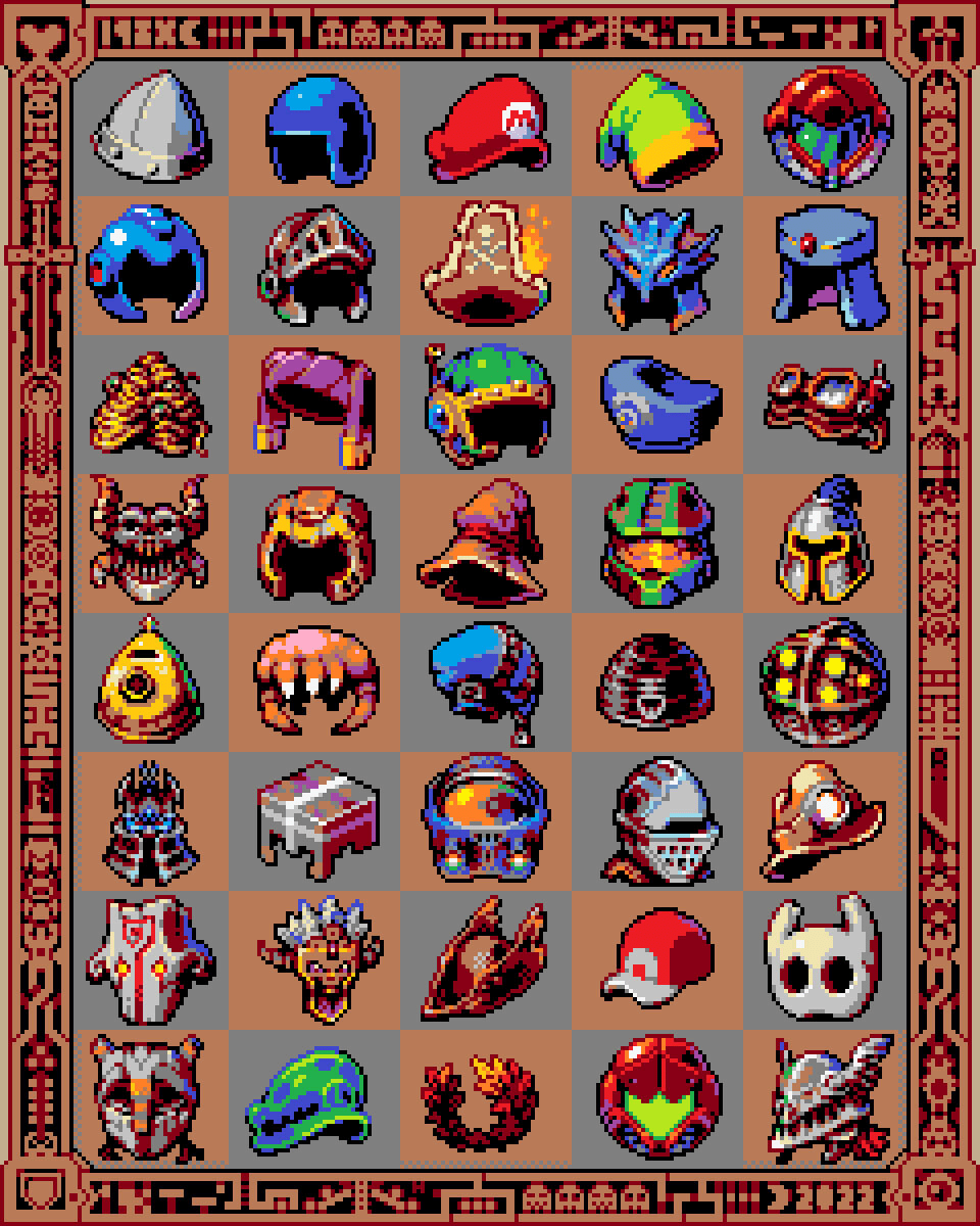 A pixelart poster showing 40 different video game "hats" from various games from the past 40 years.