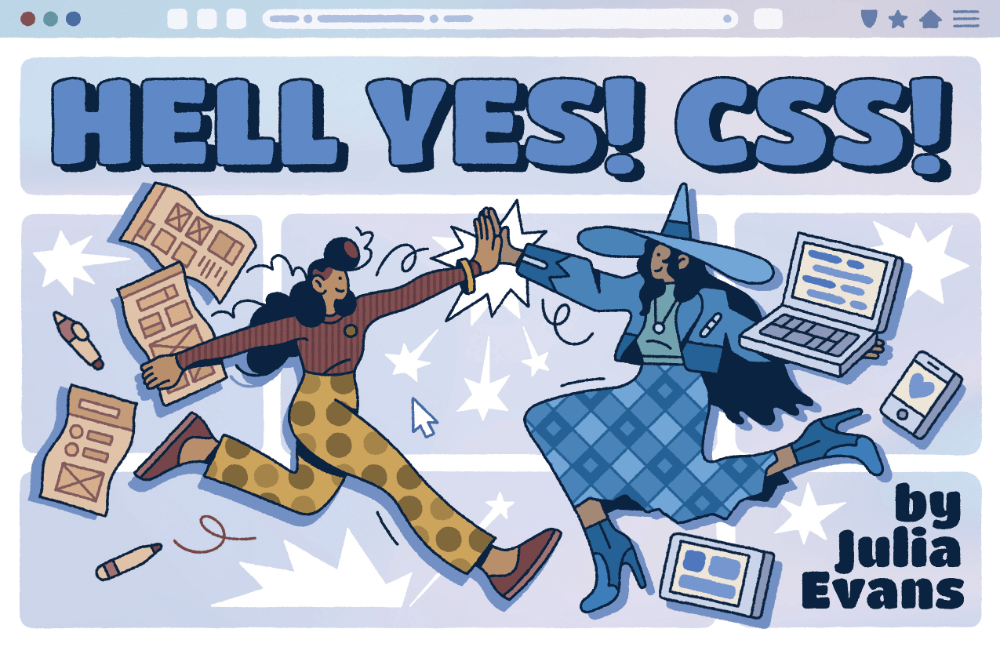 Illustrated zine cover. Two awesome humans high-fiving each other. One holds a laptop, the other a rough sketch of something. The background consists of a web browser, gadgets, pens, and sketches.