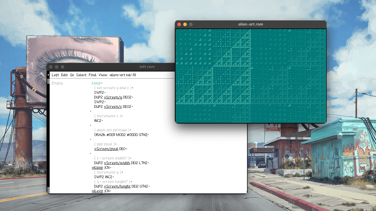 Two windows on a macOS desktop. A text editor with assembly source code, mentioning “alien art formula” in the comments, and generated graphics. The graphics resemble the fractal Sierpiński triangle rendered in light-on-dark green.