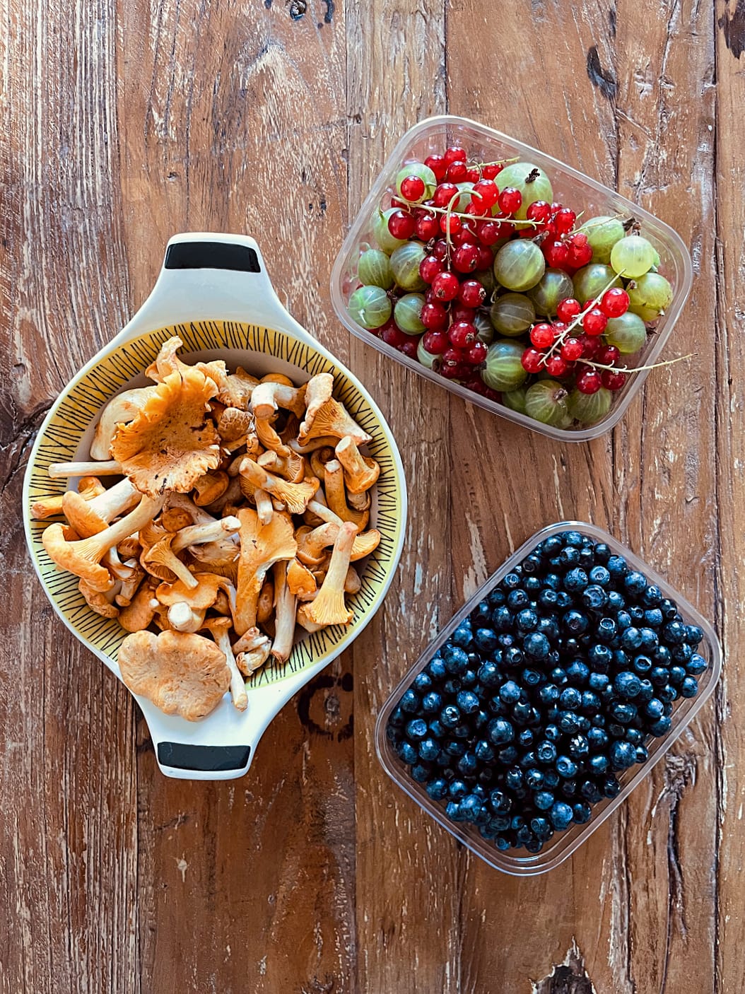 Containers on a wooden table. Filled with chanterelles, gooseberries, redcurrants, and blueberries.