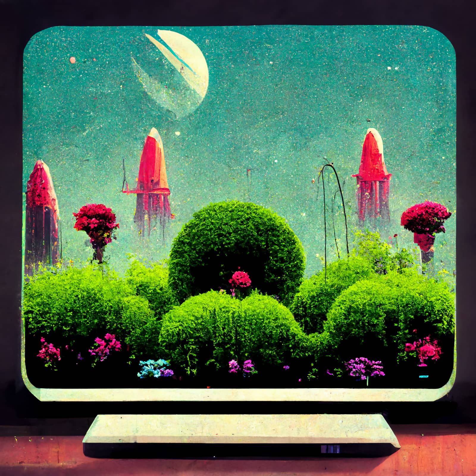 A computer monitor in a retrofuturistic style. Inside the monitor is a lush garden.
