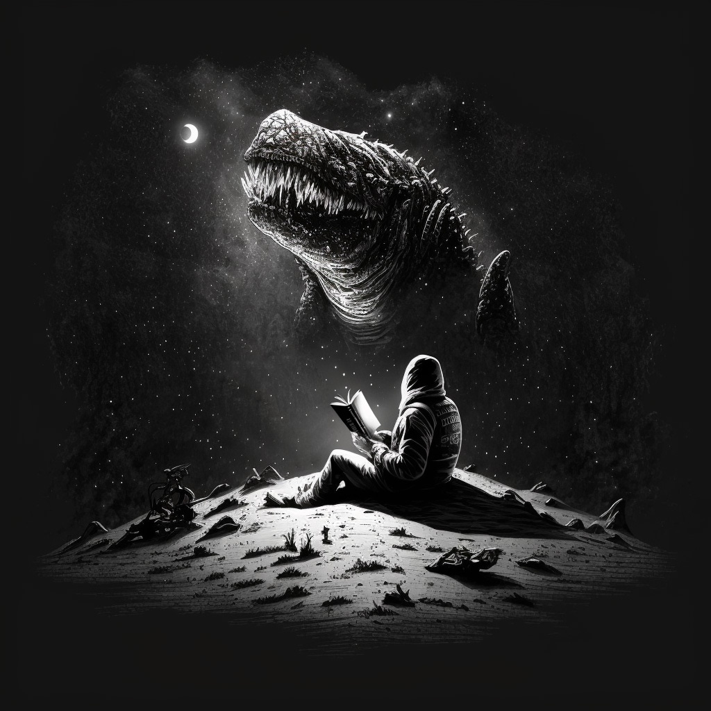 In a fantastical black and white illustration, a person sits on a hill, reading, aided by the moonlight. In the stars above, a hideous, Kaiju-like creature manifests. Is it for real or the reader’s imagination?