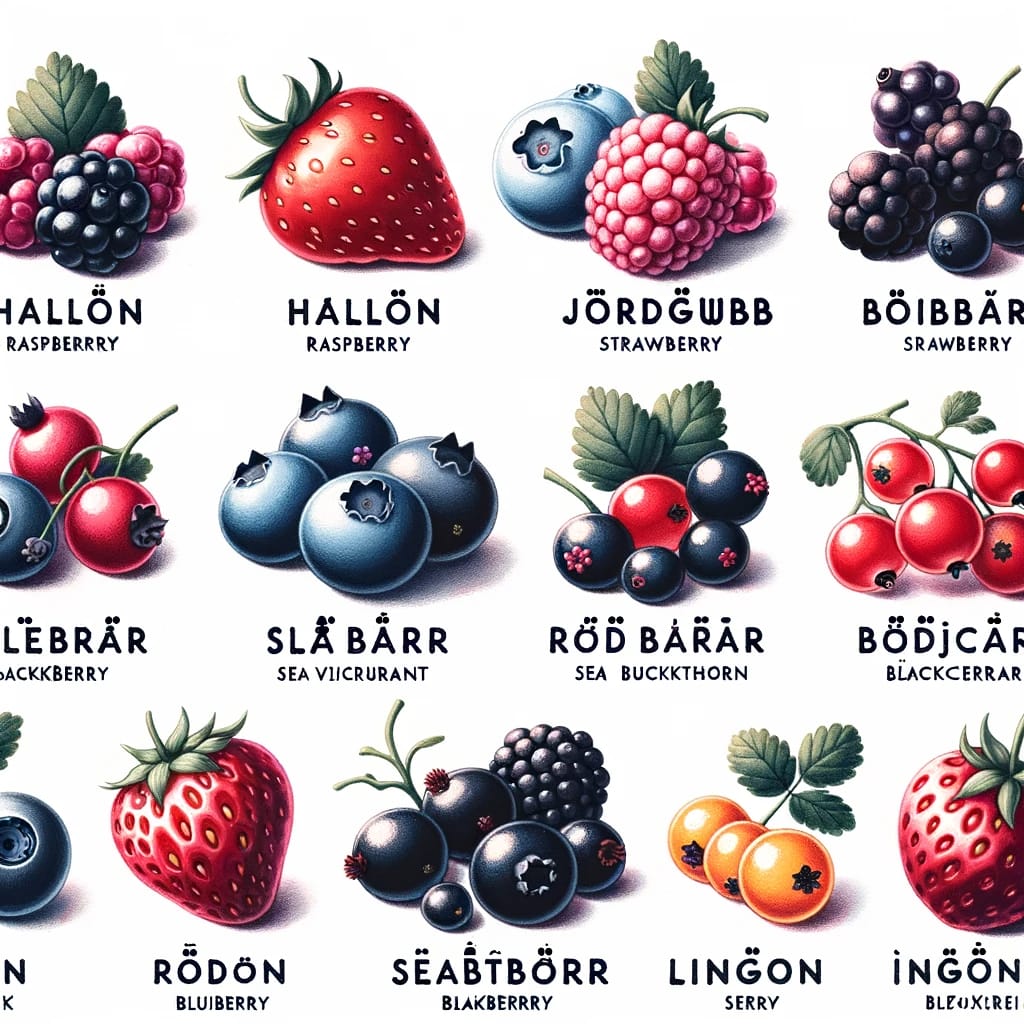 A set of berries labeled (incorrectly) in English and then (hilariously incorrectly with excessive umlauts) in Swedish. There are strawberries labeled Hallön and Rödön (the first ö, in addition to the umlaut, also has a bar stacked upon it). There’s a set of blueberries and raspberries labeled Jördgwbb (the ö is actually a triple umlaut and the g has an umlaut too somehow). A cluster of red and black berries are labeled Rödbarar (the d, a, r, and last a all have umlauts). There’s a bunch of blueberries labeled Slabarr, where the umlauts on the A’s are clumps of at least 3 dots each. My favorite is probably the shiny black berries labeled Seabtbörr (The E has a double umlaut, the B has a smudge with a tiny dot over it, the T has some kind of curly hat, and the last o has a mini umlaut above its umlaut.