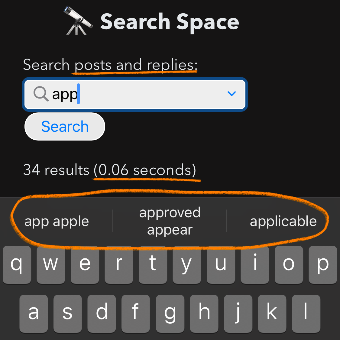 Screenshot of a search page. The word app is written in a text field labeled search posts and replies. Three suggestions are shown to the user: app apple, approved appear, and applicable. It’s fast! The results are fetched in 0.06 seconds.