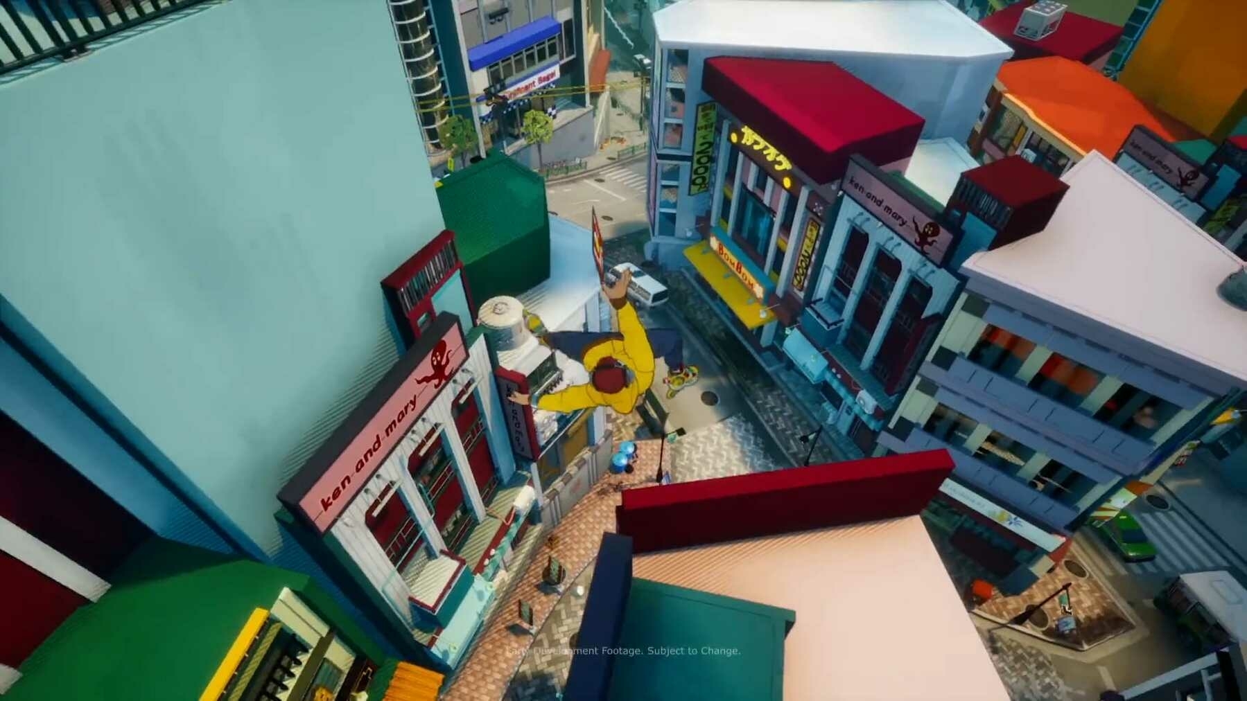 Still frame from the game trailer. A colorful urban street from a bird’s-eye view, with Beat (?!) on inline skates, high in the sky, performing a trick or maybe just falling.