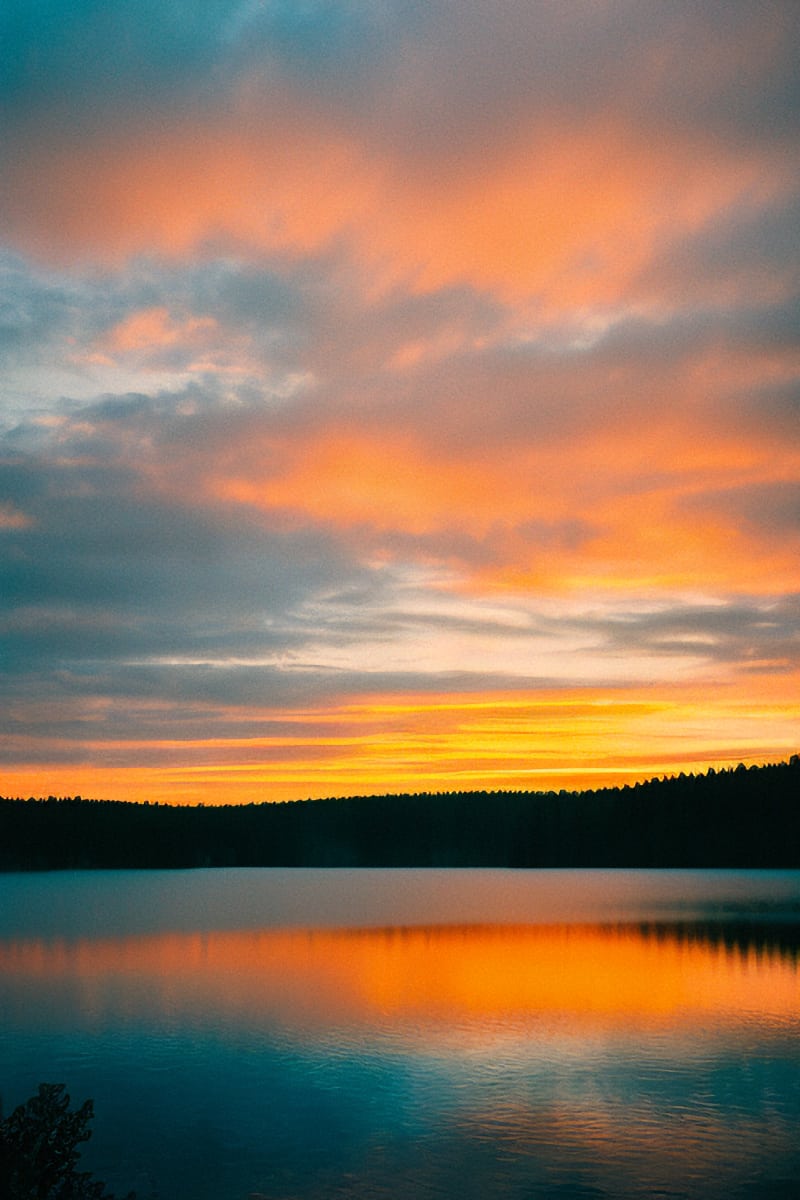 As the sun dips below the horizon, the sky erupts in a symphony of hues: the soft blush of coral, a radiant sunglow, and the fiery intensity of burnt orange. Against this backdrop, the blackened silhouettes of trees stand sentinel, casting their reflections onto the calm water below.