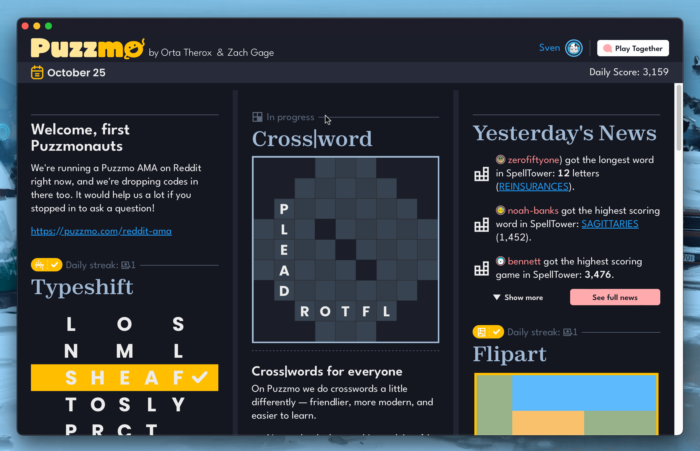 Puzzmo installed as a web app on macOS. A welcome page is shown with a preview of three types of games: CrossWord, Typeshift, and Flipart. The first two are word games, and the last one is a geometric logic puzzle. October 25 is printed on the page, it’s clear there will be new puzzles daily.