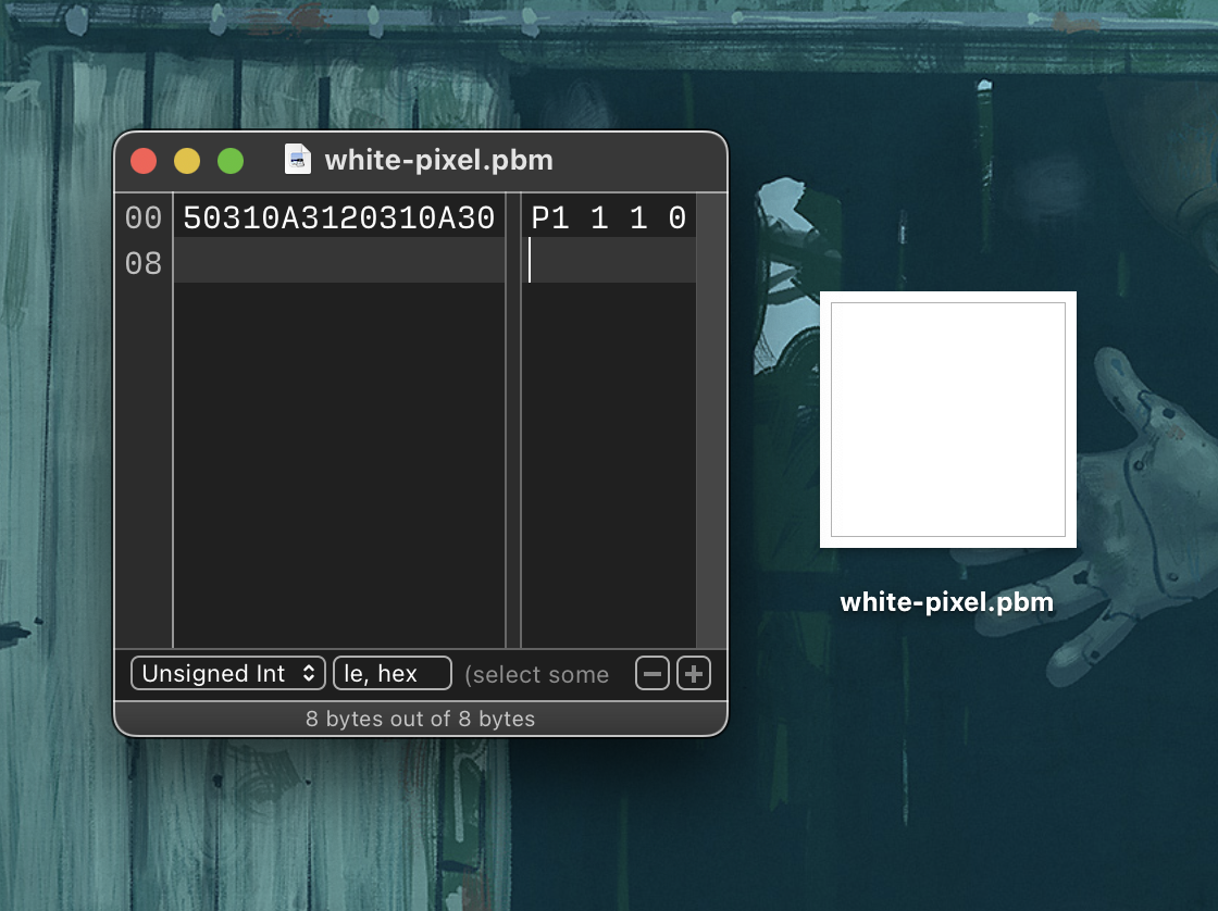 A screenshot displaying a hex editor on the left and a plain white square image labeled white-pixel.pbm on the right. The text content in the hex editor reads P1 1 1 0.