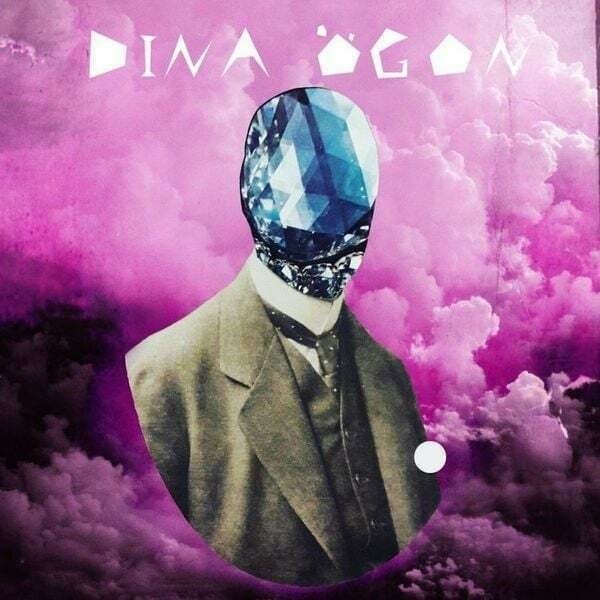 Album art, a collage of a figure in a suit with a diamond in place of the head, set against a pink and purple cloudy background with Dina Ögon written at the top.