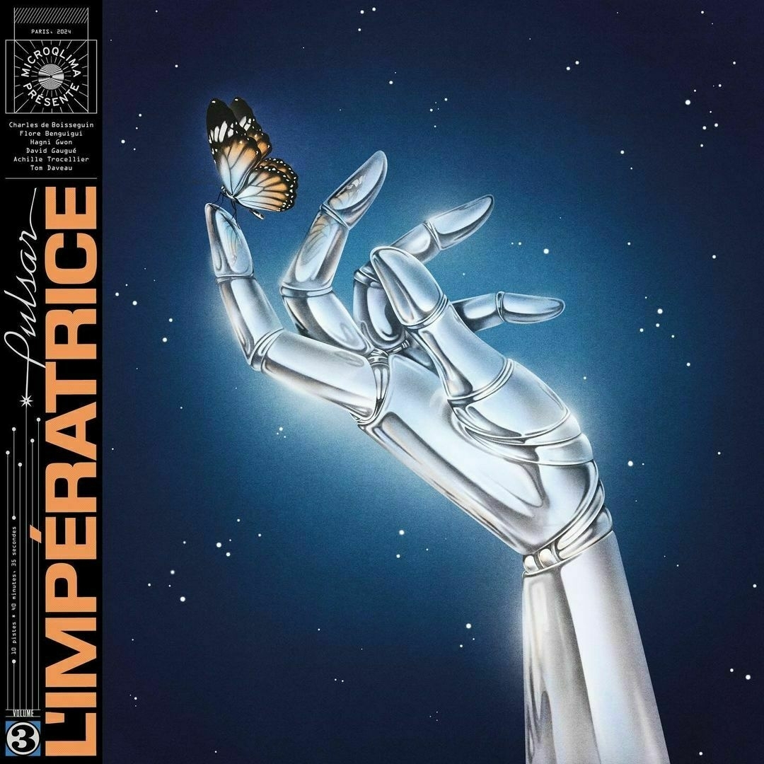 Digital airbrush illustration of a metallic robot hand, with a butterfly perched on the index finger, against a starry background. The band, L'Impératrice, and album name, Pulsar, appears along the side.