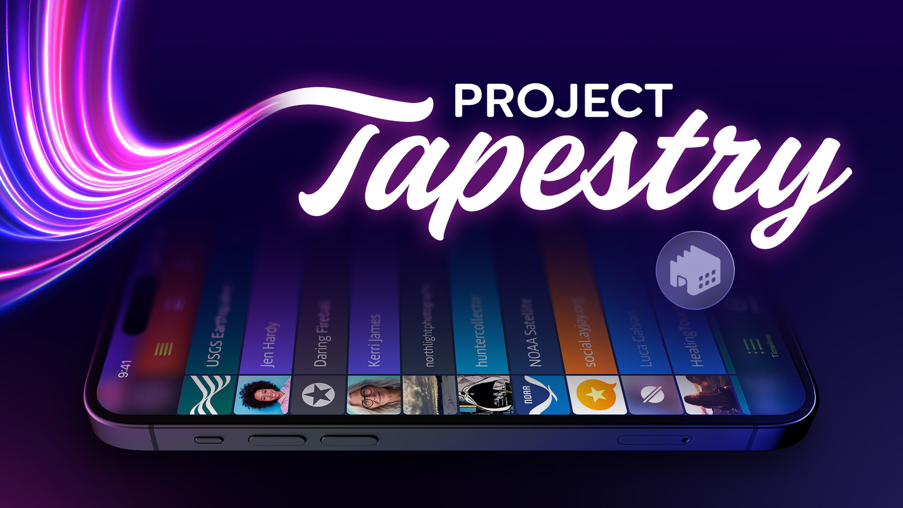 iPhone laying on surface displaying colorful graphic interface titled PROJECT Tapestry with abstract purple light swirls in the background.